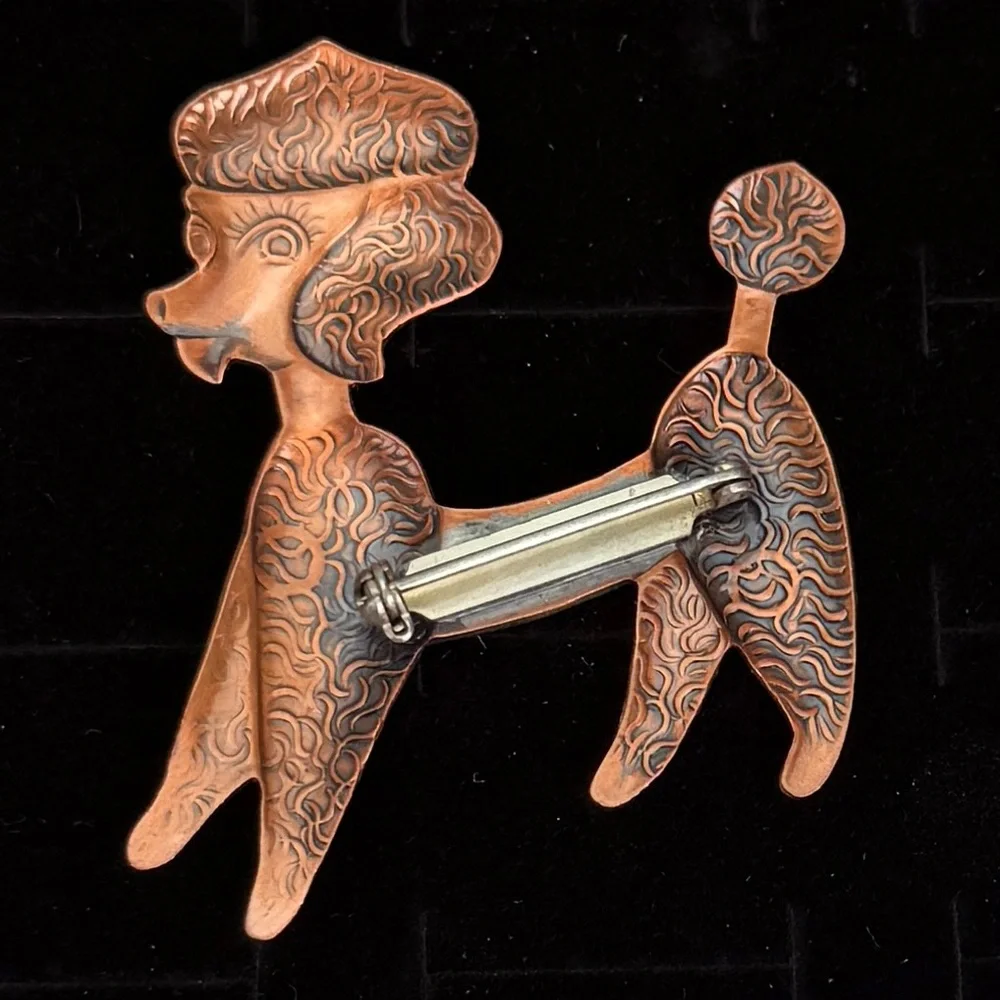 Vintage Etched Copper Poodle Dog Brooch Pin
